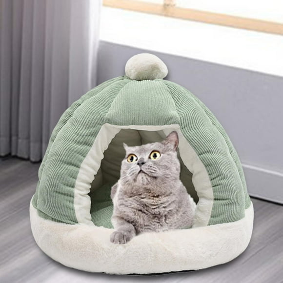 Encantadora cama para gatos para gatos de interior, nido cálido de invierno, cojín desmontable, casa portátil para gatitos, felpa suave antideslizante , VERDE, Diámetro 49CM Yinane Nido Cama Casa