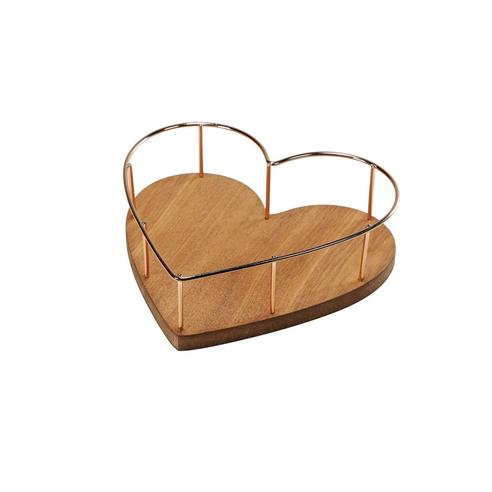8.75" Brown Heart Metallic Tabletop Tray with Wooden Base