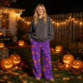 thumbnail image 2 of Womens Halloween Pajama Pants Soft Flannel Funny Bat Print Pj Bottoms | Halloween Costumes Women, Drawstring Waist, Straight Wide Leg, Cute Ghost Print, Loose Fit, Lounge, for Sleep Dark Purple,M, 2 of 6