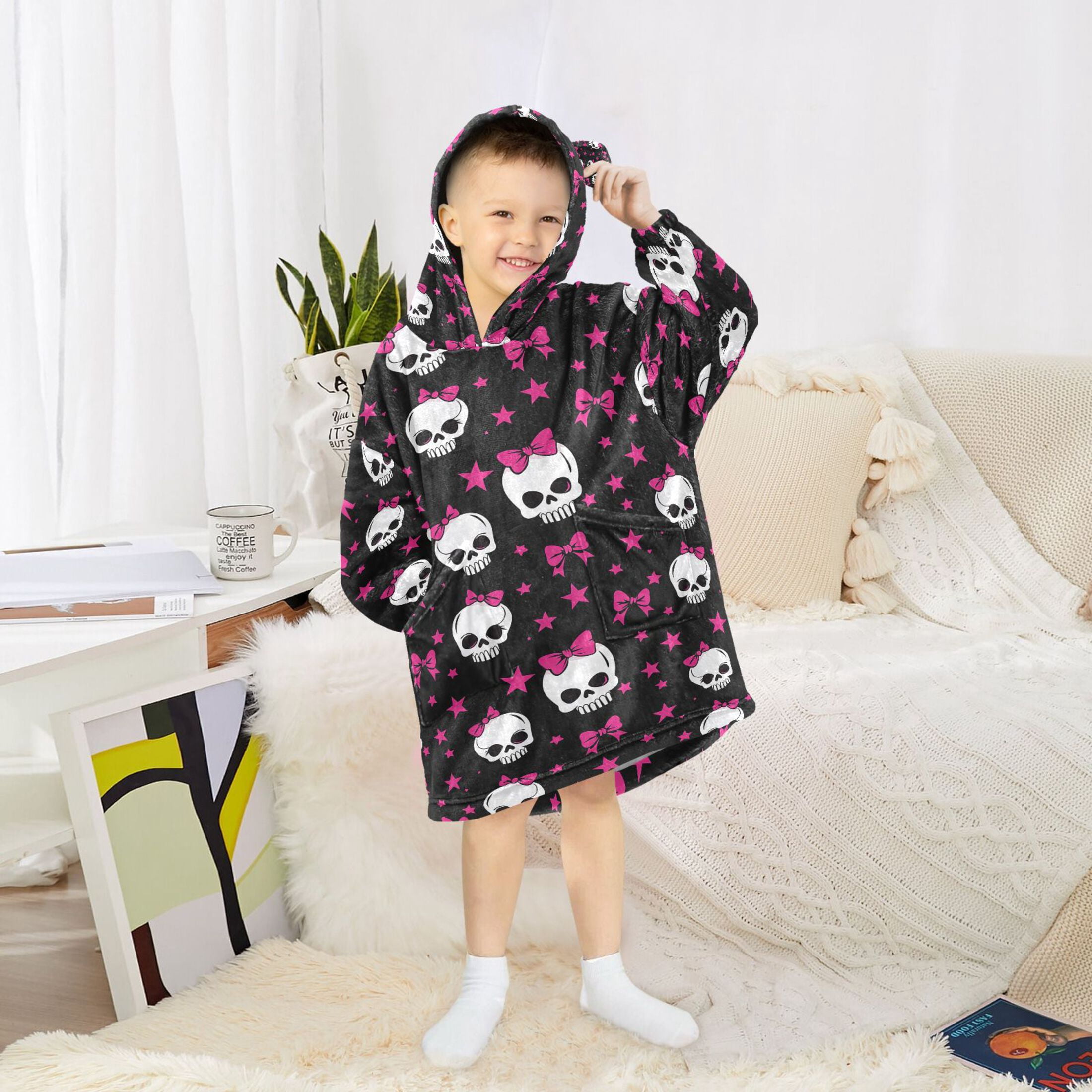 joogoo Wearable Blanket Skull with Bows Hoodie for Oversized Sherpa Hooded 3-14 YR M