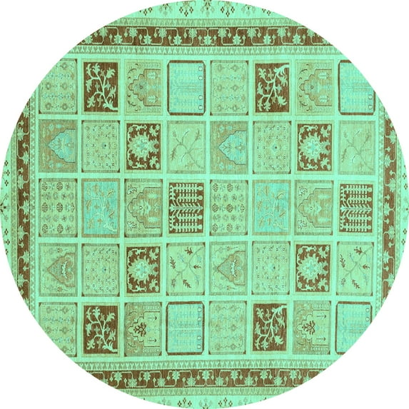 Ahgly Company Machine Washable Indoor Round Oriental Turquoise Blue Modern Area Rugs, 3' Round