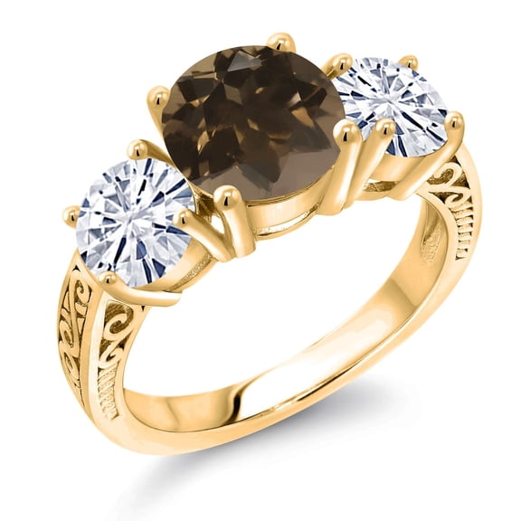 Gem Stone King 18K Yellow Gold Plated Silver Brown Smoky Quartz and White Moissanite Engagement Ring for Women | 3.40 Cttw | Round 8MM | Gemstone Birthstone | Size 5