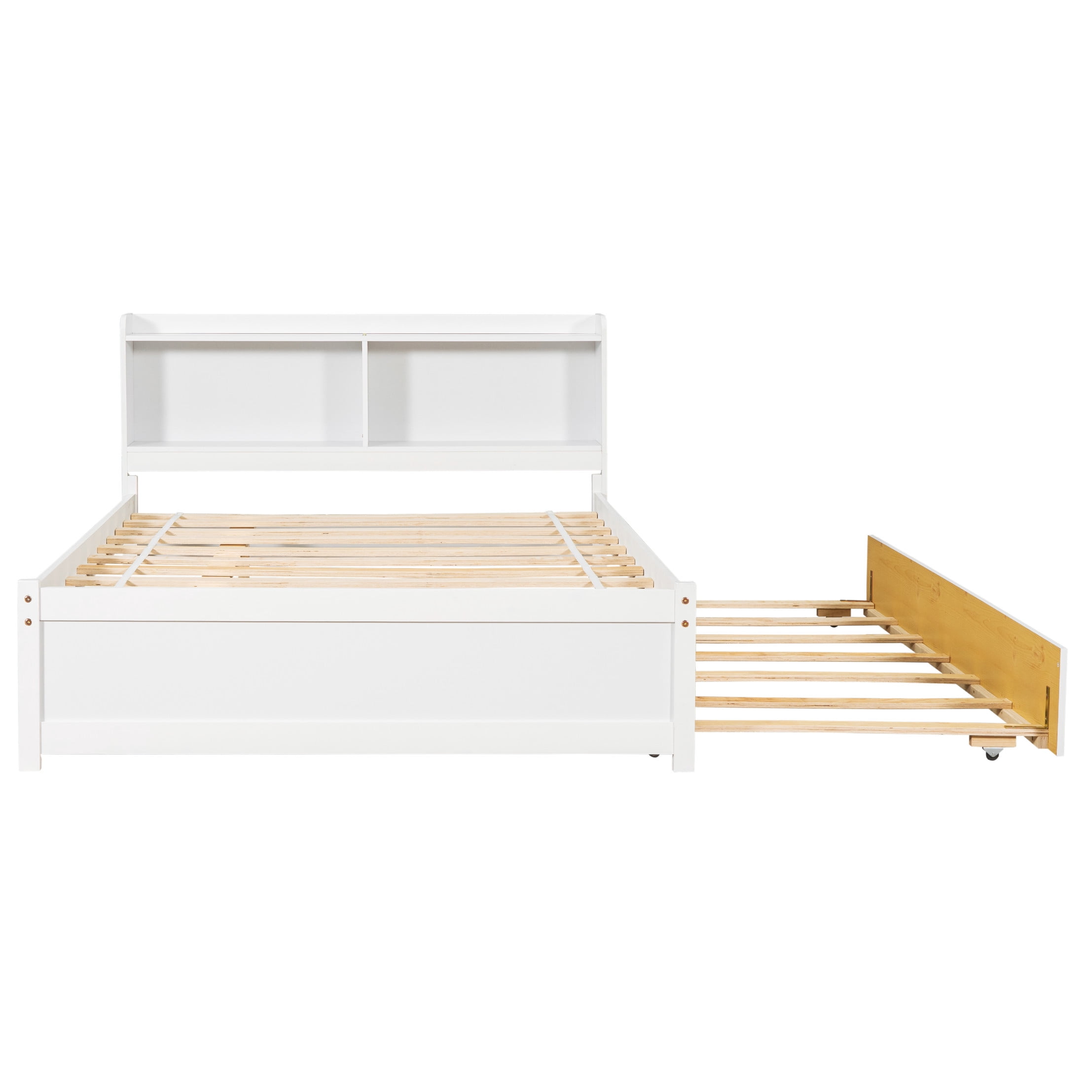 Noble House Keith Full Bed, Pine Wood Frame with Bookcase Headboard and Pull-Out Trundle, White