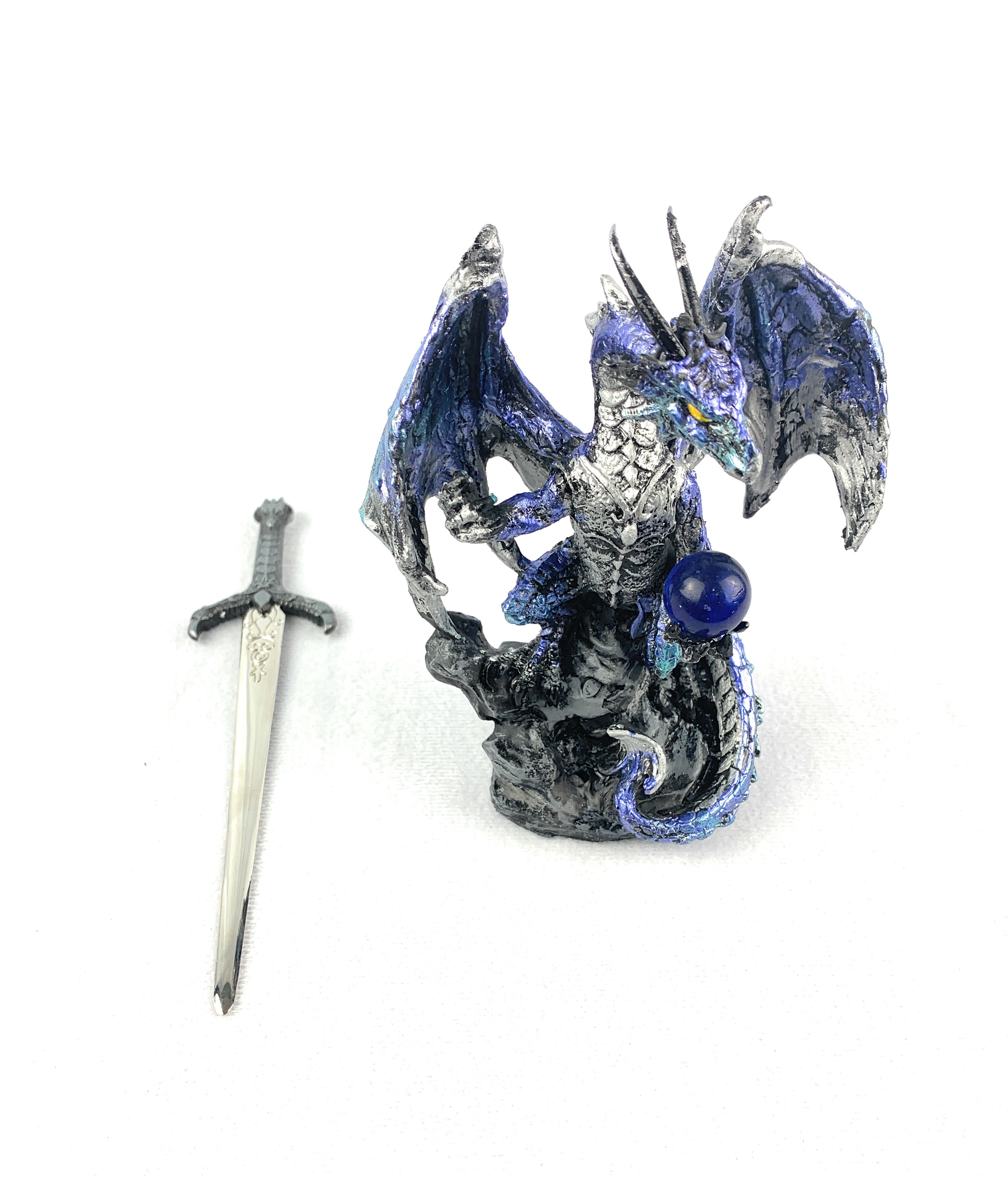 Ain’t It Nice Dragon Statue with Medieval Dragon Sword and Crystal Ball Collectible Dragon Figurine Fantasy Medieval Dragon Décor, Blue 4(L) 2(W) 7(H) inches