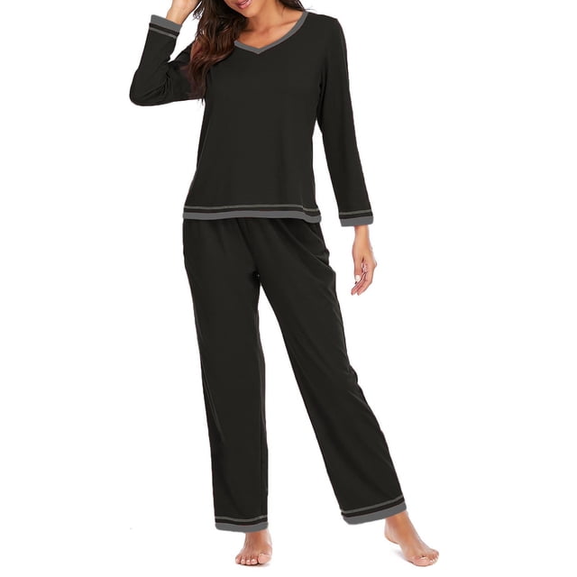 Timegard Ensemble de Pyjama 2 Pcs pour Femmes Col en V Manches Longues Hauts Pantalons Larges avec Poches Tenues d'Intérieur