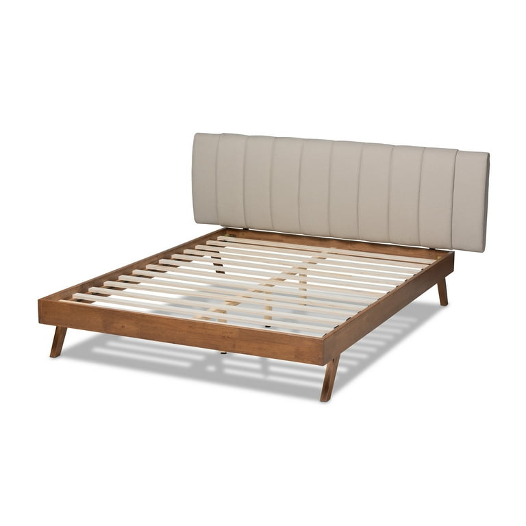 Baxton Studio Brita Mid-Century Modern Light Beige Fabric Upholstered Walnut Finished Wood Queen Size Bed Baxton Studio Brita Mid-Century Modern Light Beige Fabric Upholstered Walnut Finished Wood Queen Size Bed