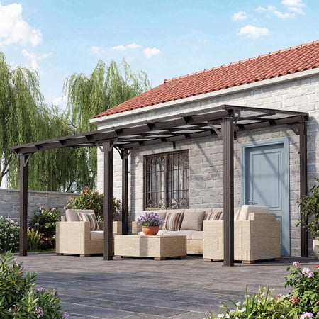 NETAJE 14'x10' Wall Mounted Gazebo Awnings, Outdoor Permanent Hardtop Aluminum Pergola with Polycarbonate Roof for Backyard, Decks, Patio
