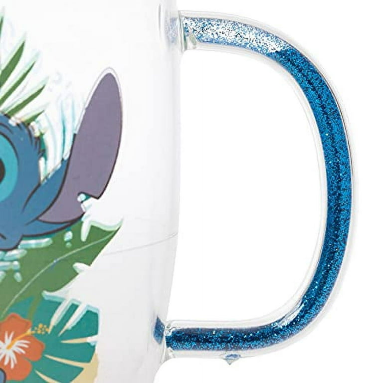 Disney Lilo & Stitch Beach Scene Floating Glitter Handle 14 OZ. Glass Mug  NEW