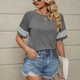 thumbnail image 5 of Top Mujer Manga A Rayas Cuello Redondo Manga Corta Suelta Camisa Básica Informal Top para Verano Gris XL, 5 of 8