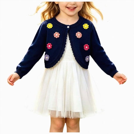 CAUYDY Toddler Girls Long Sleeve Bolero Cardigan Colorful Floral Sweater Kids Cute Button Knit Shrug Cropped Sweaters Tops(L101-Blue 11-12 Y)