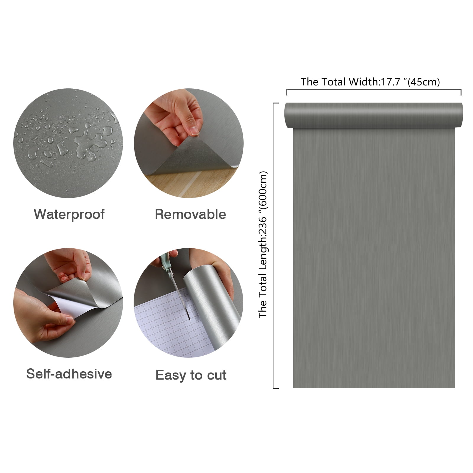 CHIHUT Dark Grey Stainless Steel Contact Paper for Countertop Waterproof 17.7"x236" Metallic Grey Peel and Stick Wallpaper for Kitchen Rust Resistant Removable Metal Vinyl Roll for Cabinets Bathroom