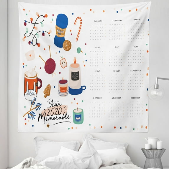 Calendar 2020 Tapestry, Happy Year Design Polka Dots Sewing Concept Candles Mugs Pastel Winter, Fabric Wall Hanging Decor for Bedroom Living Room Dorm, 5 Sizes, White Multicolor, by Ambesonne
