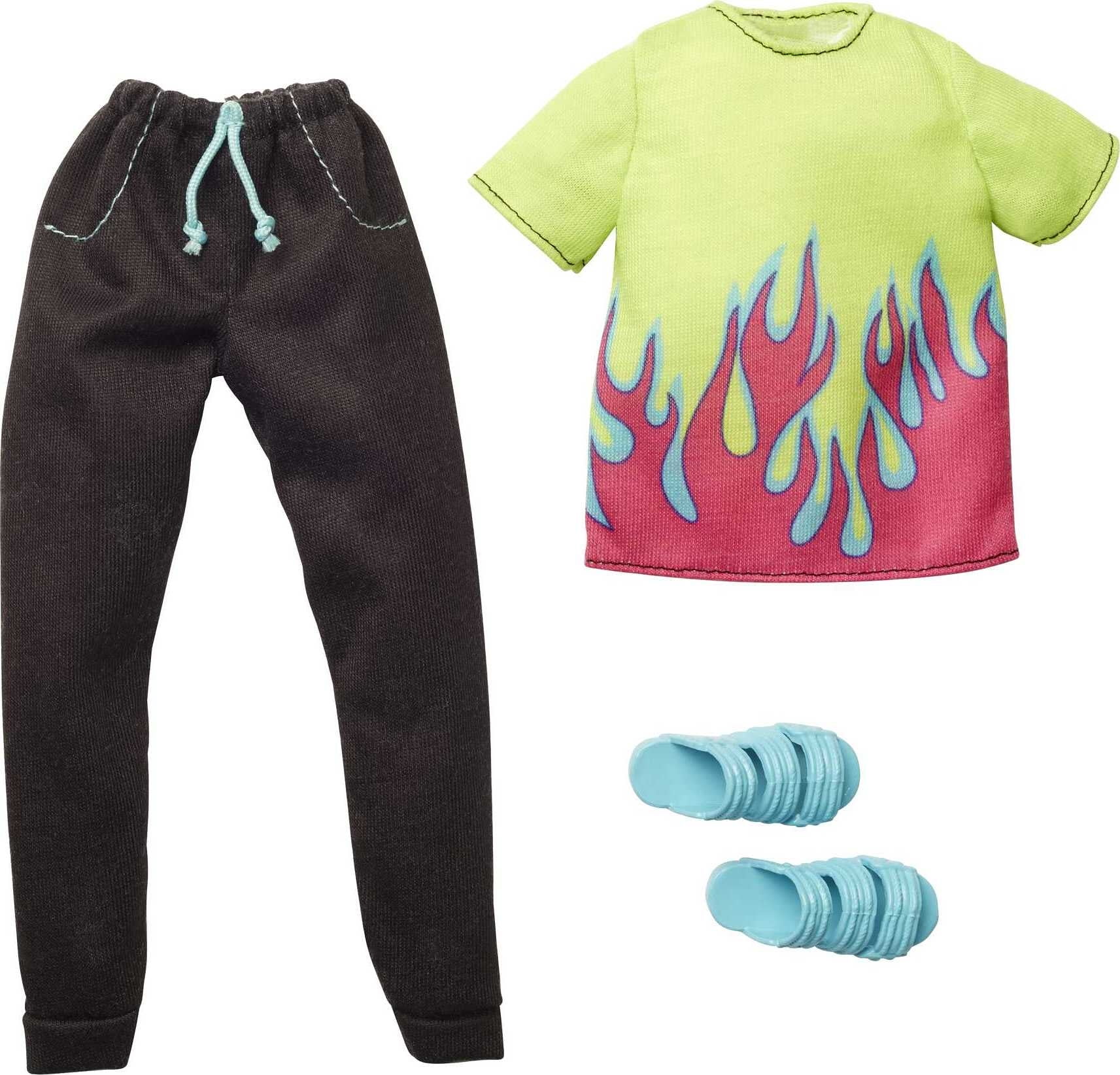 Barbie Fashions, Ken Doll Clothing with Neon Flame Shirt, Black Pants and Slide Sandals