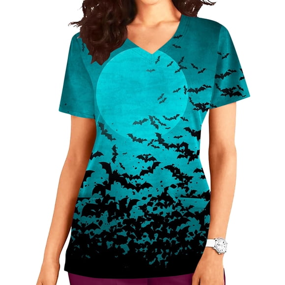 EGNMCR Halloween Scrub Top Women Tops Short Sleeve V-neck Tops Working Uniform Print With Pocket Blouse Halloween Gifts for Women
