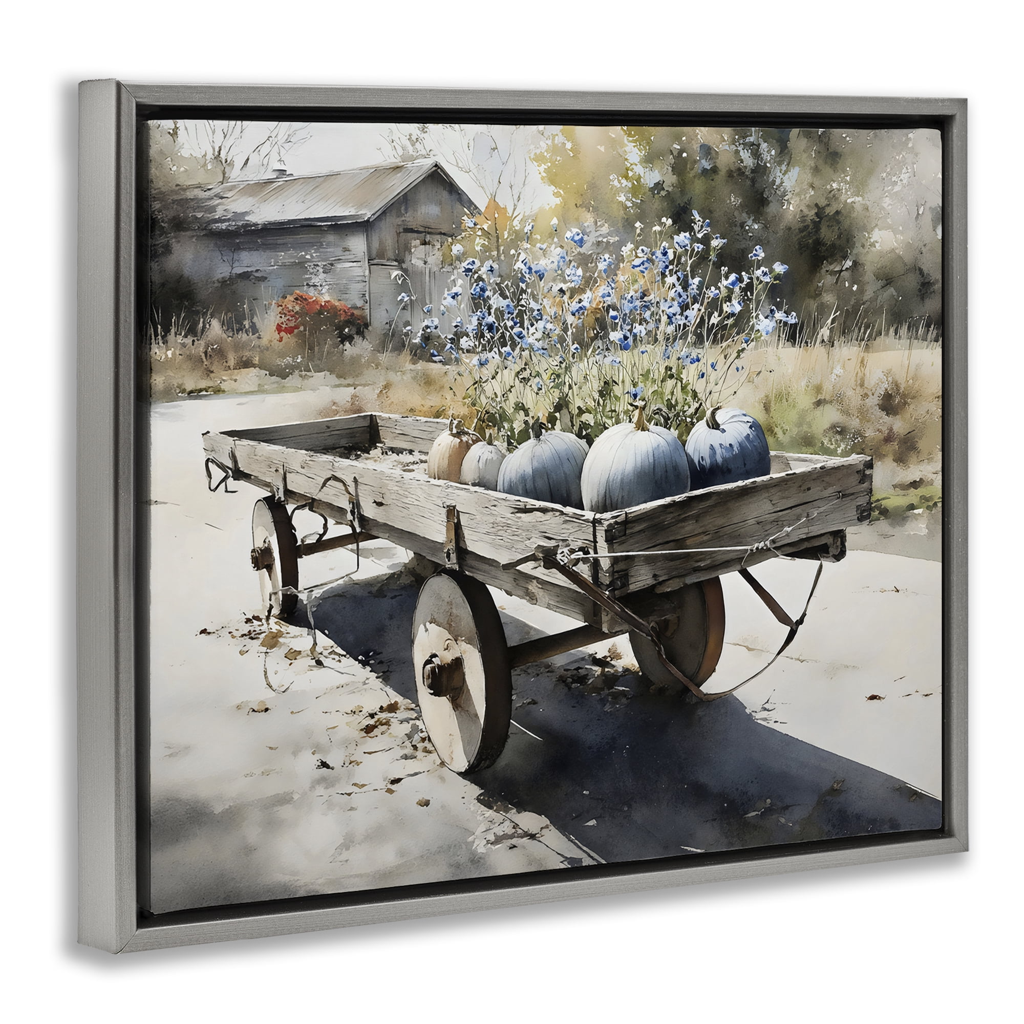 Stupell Industries Blue Pumpkin Wagon in Sunlight Gray Framed Floater Canvas Wall Art, design by Franklyn Gregory