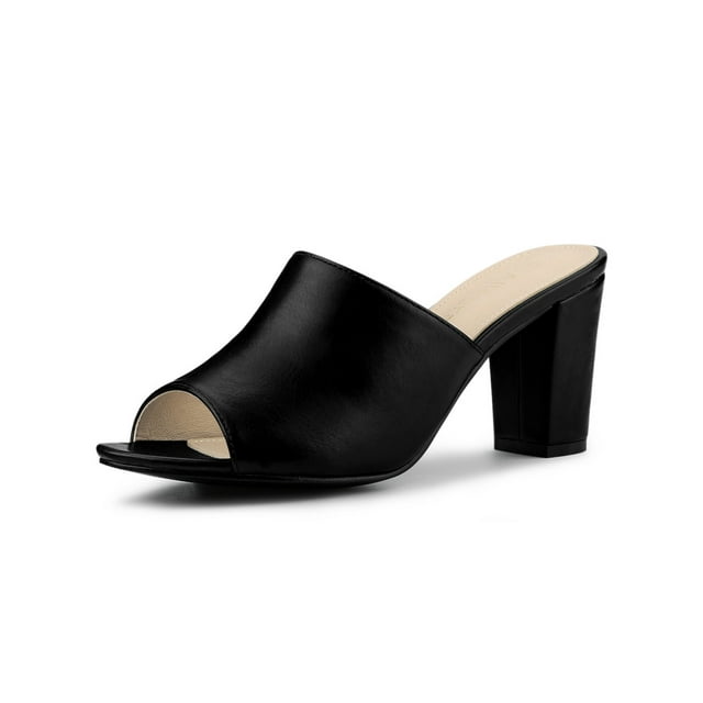 BLISSFUL STEP Women's Slip on Block Heel Slide Sandals Mules Black 8