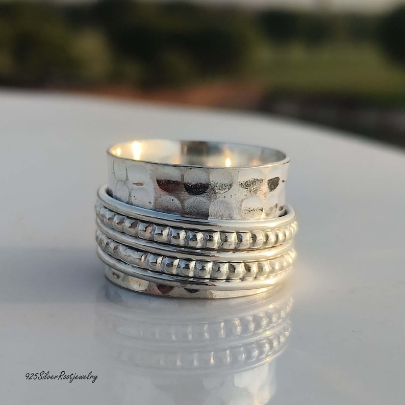 TRIDHA SILVER- Silver Fidget Spinner Ring - Wide Hammered Sterling Band With Textured Rope Meditation Design For Anxiety Relief & Unisex Minimalist Jewelry