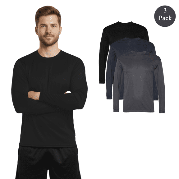 C2 Sport Mens Performance Long Sleeve T-Shirt, Soft Durable Crew Neck Mix Color Blank Tee 3-Pack S