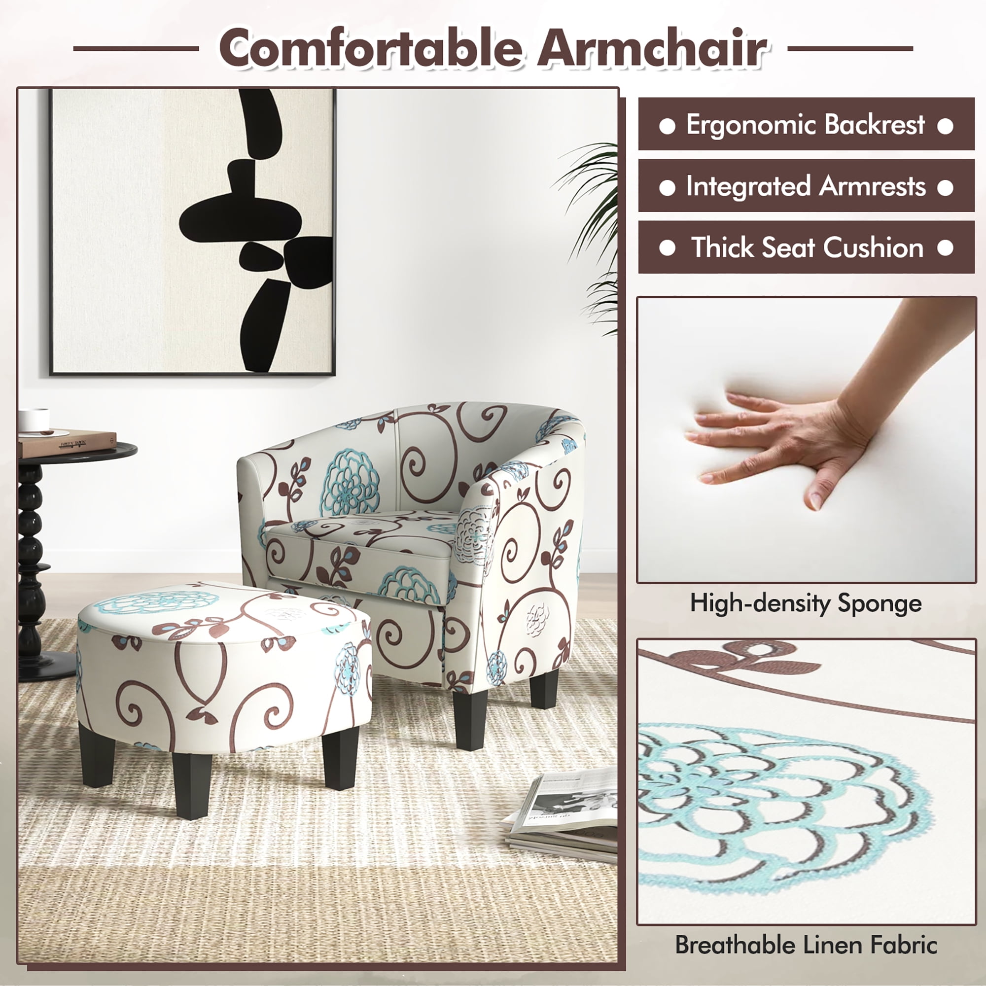 Gymax Modern Accent Tub Chair&Ottoman Set Fabric Upholstered Club Chair Grey Floral