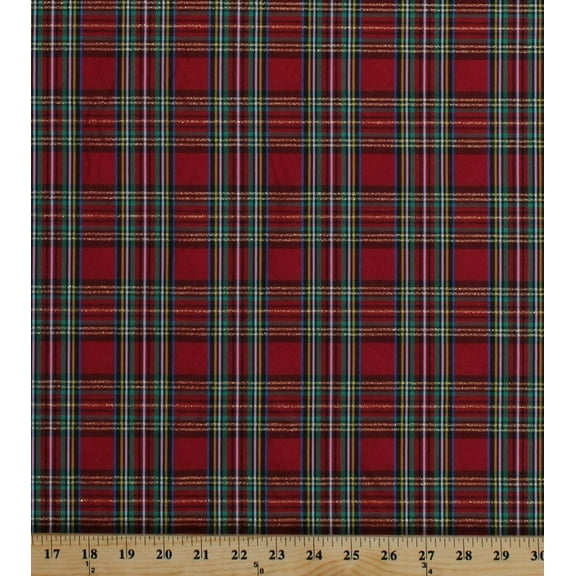 Double-Face 2-Sided Yarn-Dyed Taffeta Red Green Holiday Plaid with Metallic Gold 60" Wide Polyester/Lurex Fabric by the Yard (7150M-4C)