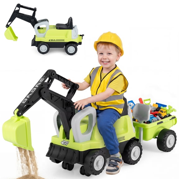 Infans Kids Ride on Tractor 2-In-1 Ride on Push Car w/Detachable Trailer Rake Shovel