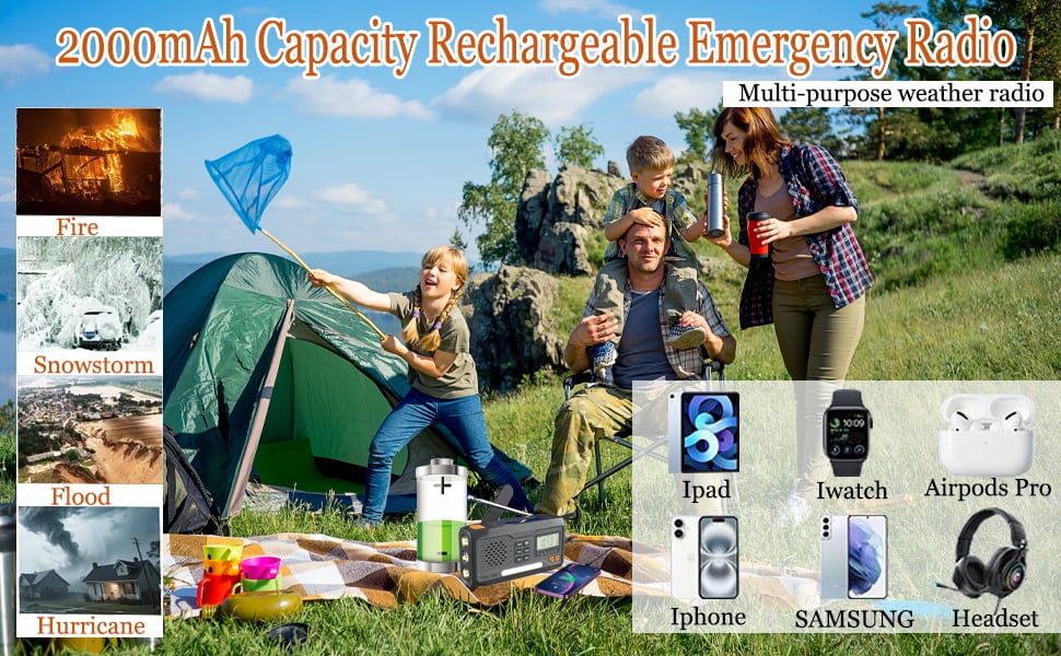 2000mAh/7400mWh Solar Emergency Radio, AM/FM/NOAA Weather Radio, Hand Crank Radio Flashlight Cell Phone Charger & Night Light for Home Supplies, with Digital Display & Battery Compartment, SOS Alarm