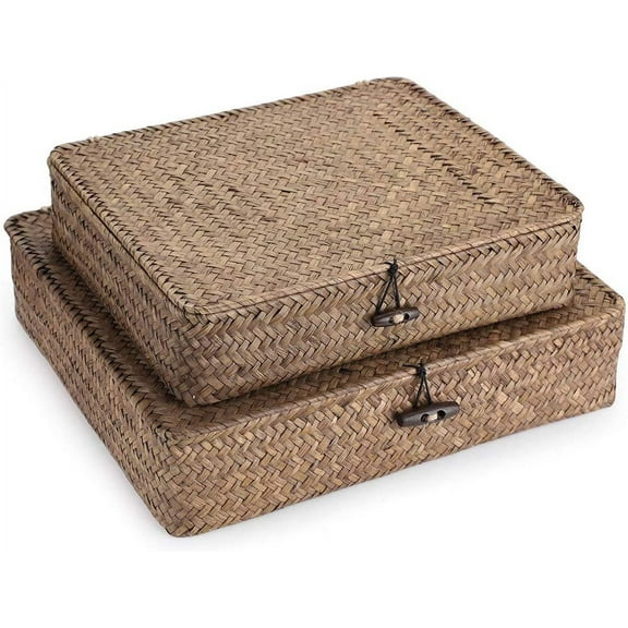 Woven Storage Basket with lid - Flat Wicker Storage Baskets Bins Natural Seagrass Storage Baskets Box for Shelf Home Decor, Set of 2, Blacks Strips