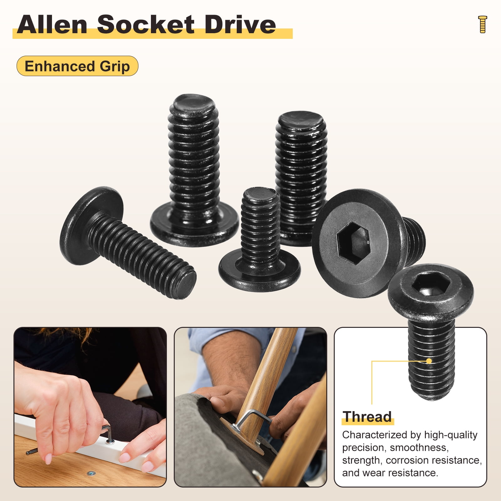 Flat Head Hex Socket Cap Screws Bolts(M6-1x30) 50Pcs, with Wrench Steel Hex Socket Furniture Bolts Countersunk Screws - for Furniture Woodworking Project, Black Tone