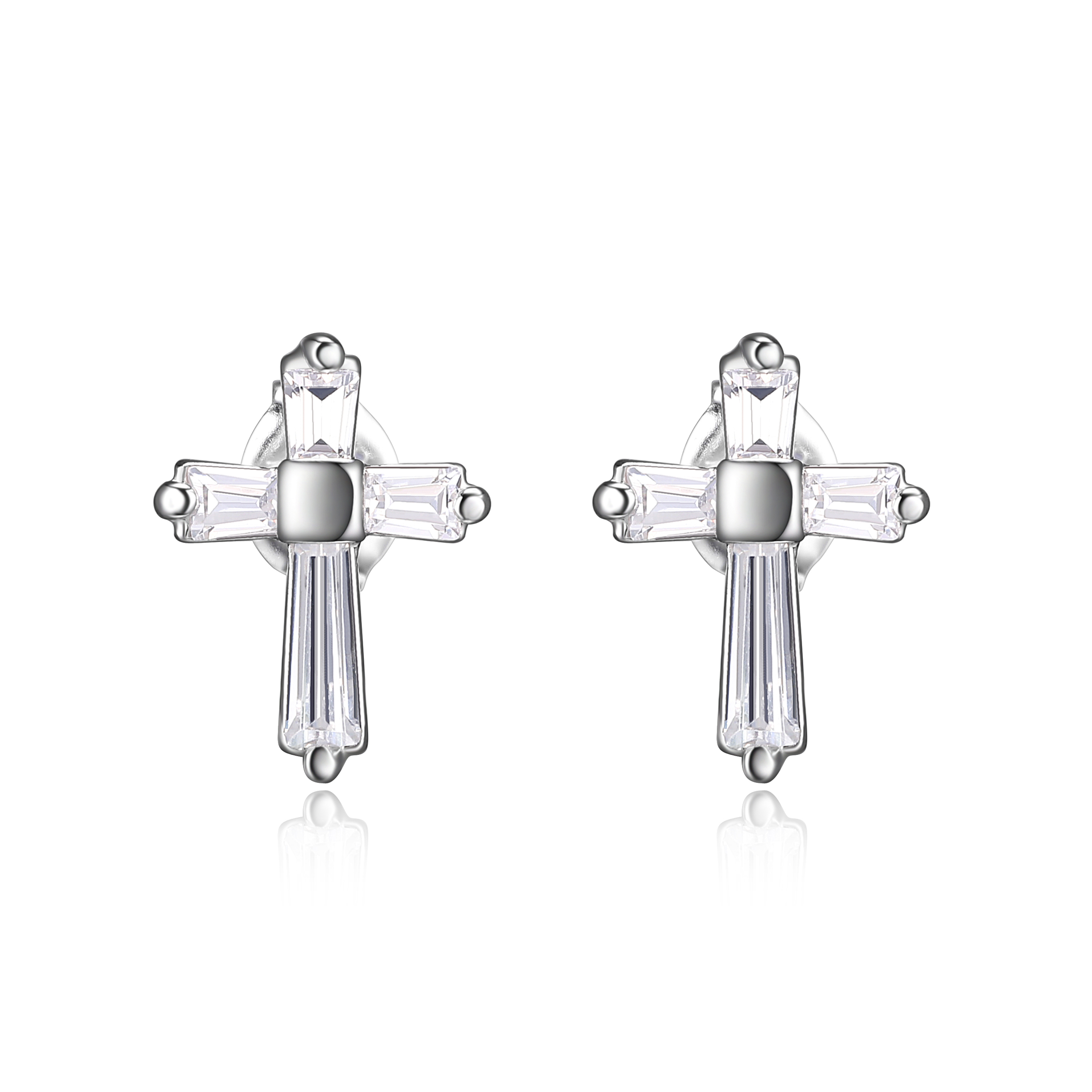 Baguette-Cut Clear CZ Rhodium-Plated Sterling Silver Cross Stud Earrings