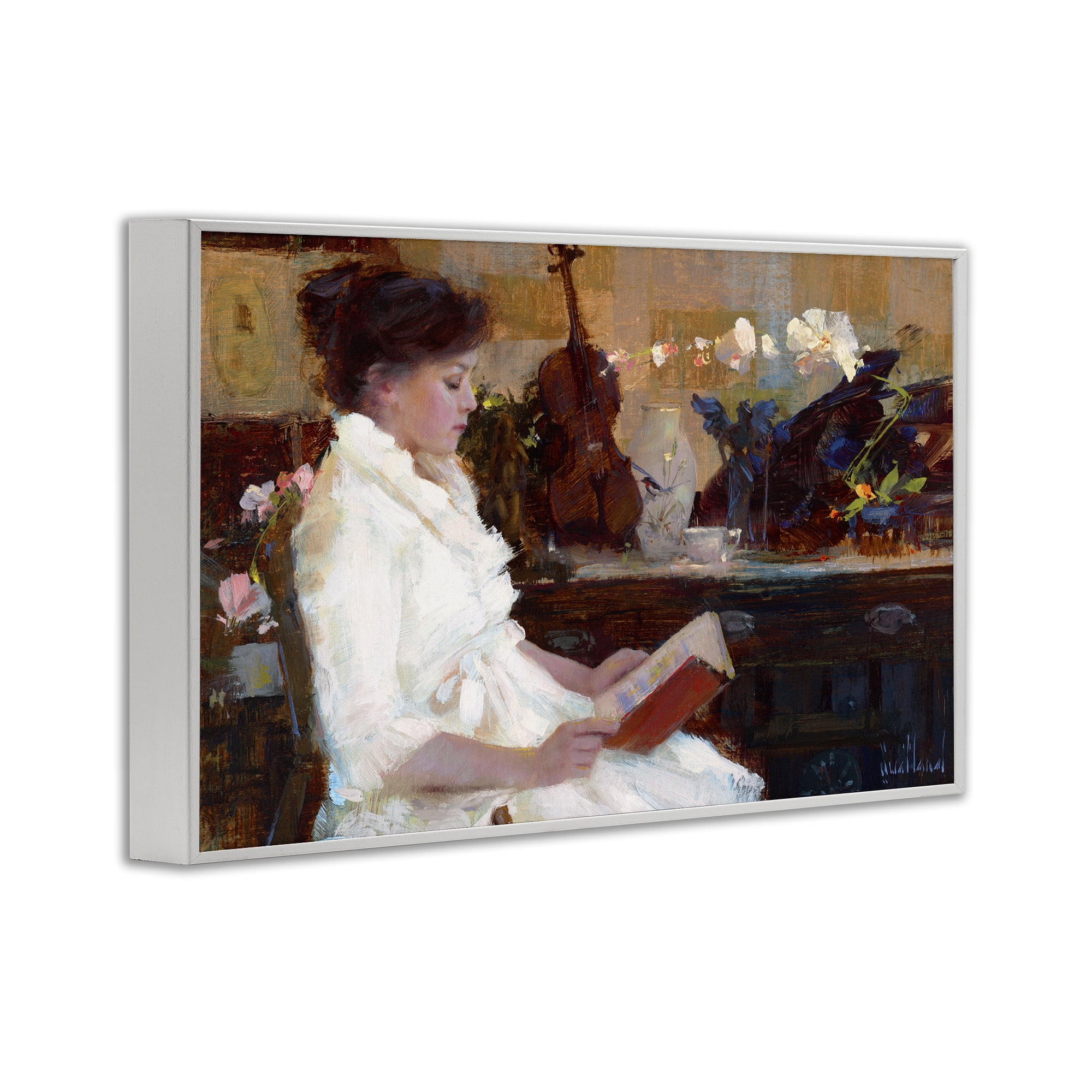Stupell Industries Classic Girl Reading Novelty Painting White Framed Art Print Wall Art, 30 x 20