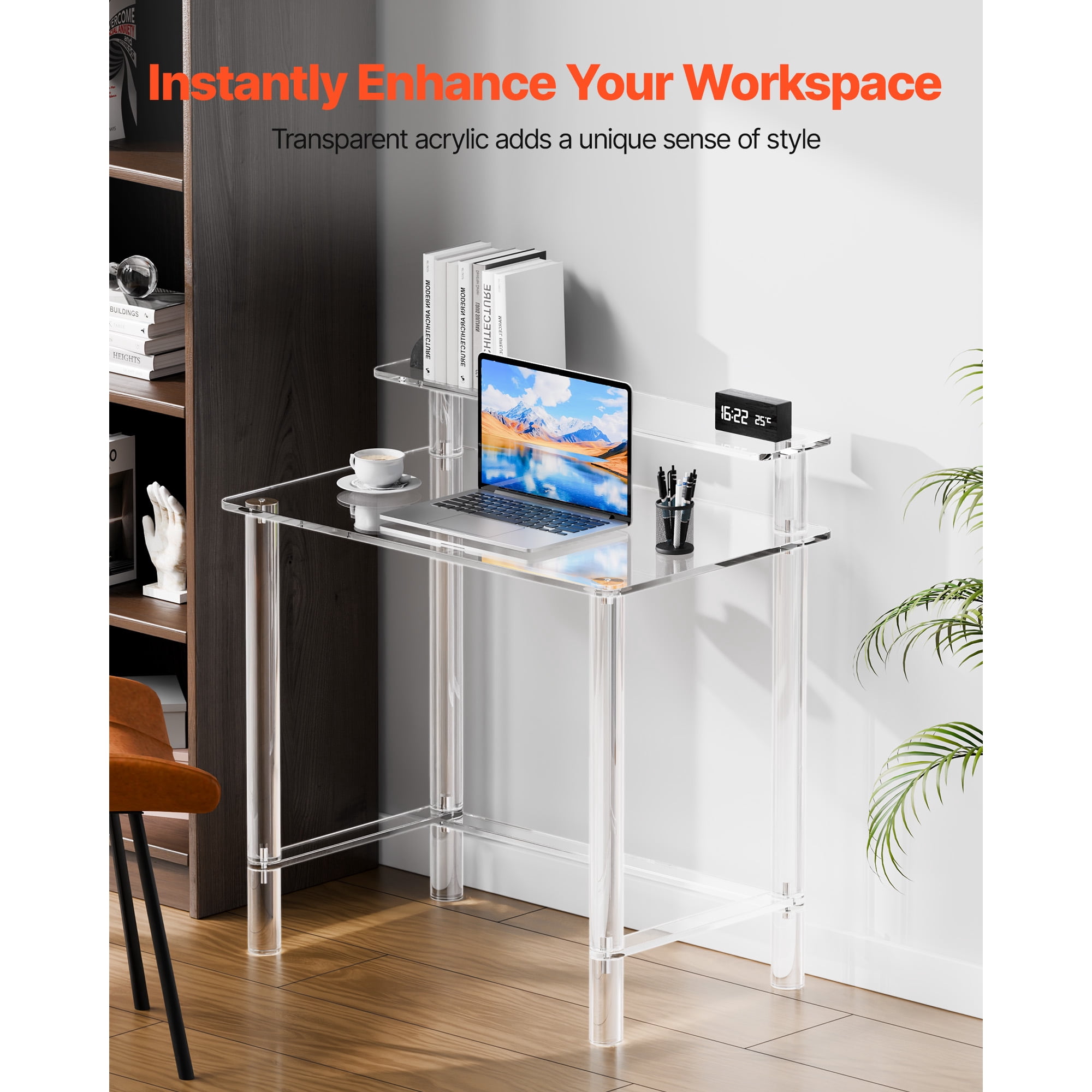 KFFKFF Acrylic Desk, Clear Office Table Featuring Monitor Stand, Sleek Computer Desk for Study, Bedroom, or Office, Modern Side Table or Nightstand, 19.7 x 31.5 x 34.7 in (Transparent)