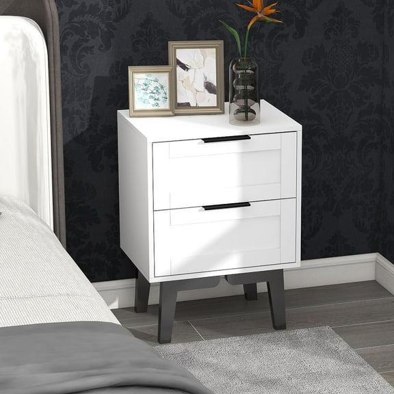 Modern White Nightstand 1 with Drawer - Mid Century 22 Inch Bed Side Table for Bedroom