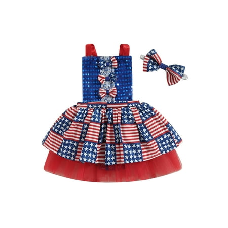

Qtinghua 4th of July Newborn Baby Girl Romper Dress American Flag Sleeveless Sequin Tutu Bodysuit Princess Independence Day Outfits Blue Red 6-12 Months