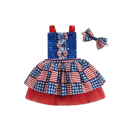 

Bagilaanoe 4th of July Dress forToddler Baby Girl Star Stripe Print Sleeveless A-line Princess Dresses + Headband 3M 6M 12M 18M 24M 3T Kids Independence Day Patchwork Tulle Skirt