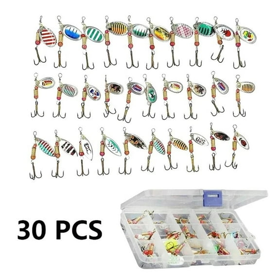 Jercoda 30pcs Fishing Lures Kit with Tackle Box, Colorful Fishing Lure Bass Baits Kit Sharp Hooks Hard Metal Lure Baits Spinner Baits Set for Fishing