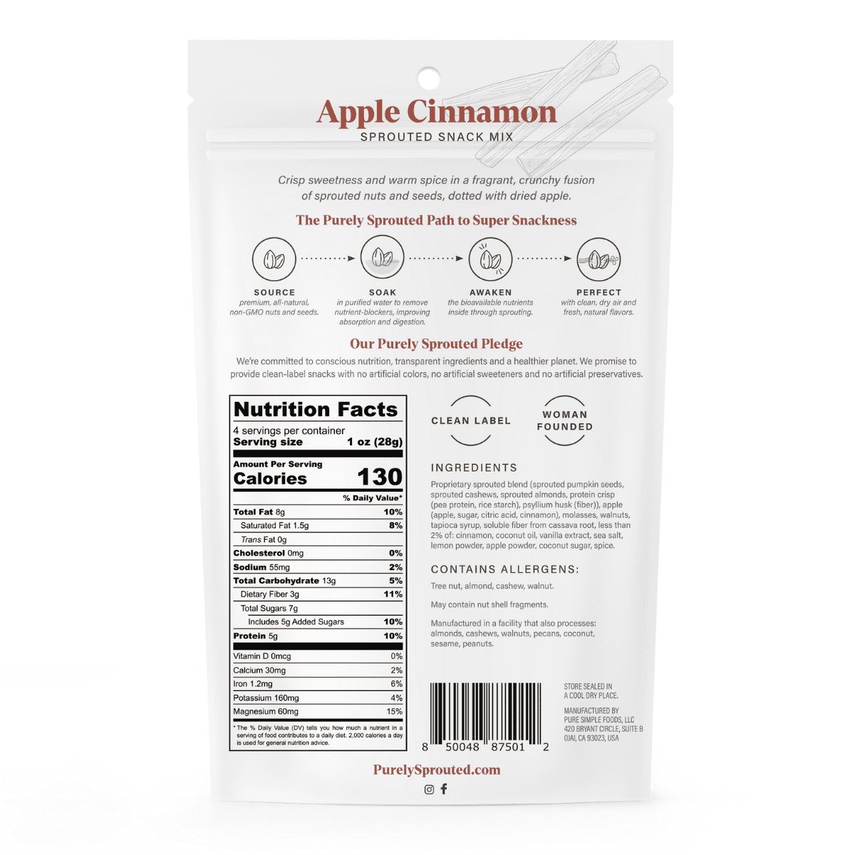 Purely Sprouted Apple Cinnamon Sprouted Nut & Seed Clusters, Non-GMO, 2 Pack, 4 oz