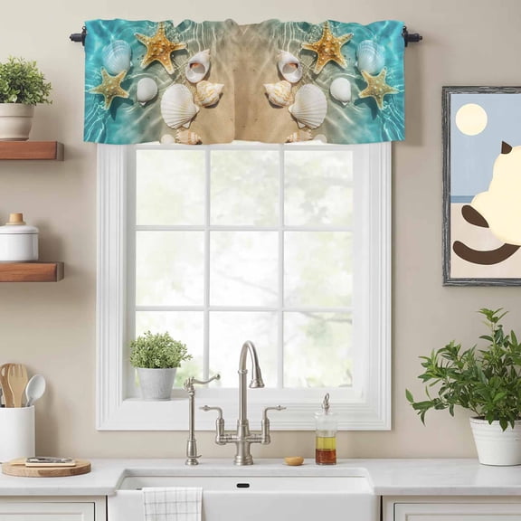Ocean Beach Seashell Starfish Valances for Windows,Rod Pocket Valance for Kitchen Bedroom Bathroom Living Room,Sea Water Waves Window Valance Curtain Farmhouse Home Decor Short Curtains 54x18in