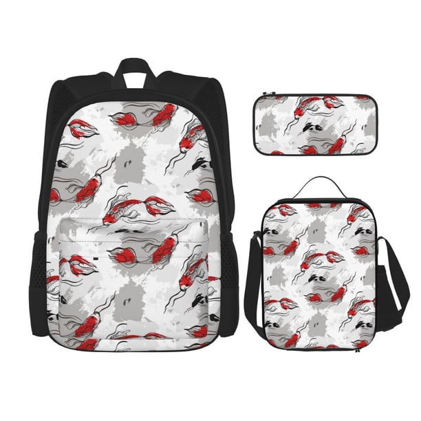 Easygdp Koi Fish Mochila para Niños y Niñas con Set de Caja de Almuerzo y Estuche para Lápices 3 en 1, Mochila Escolar Estampada para Adolescentes