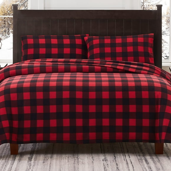 Viviland Plush Micro Fleece Buffalo Plaid Red and Black Holiday Full Bed Sheet Set - Soft Polar Velvet Sheets - Extra Warm Winter Flannel Bed Sheets with Deep Pocket - Christmas Sheet - Full