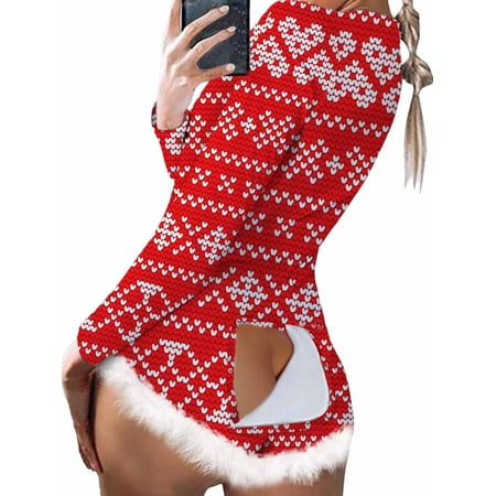 

Women Sexy One Piece Onesie Shorts Pajamas Jumpsuit Butt Flap Long Sleeve V Neck Rompers Nightwear