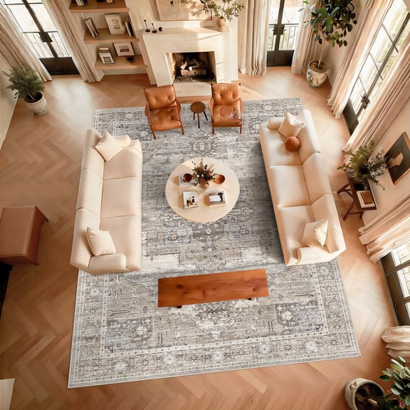 RUUGME Living Room 10x14 Area Rugs - Washable Lightweight Area Rug Stain Resistant Carpet Vintage Soft Rugs for Bedroom with Non Slip Backing Indoor Ultra-Thin Rugs Home Decor 10x14 Beige