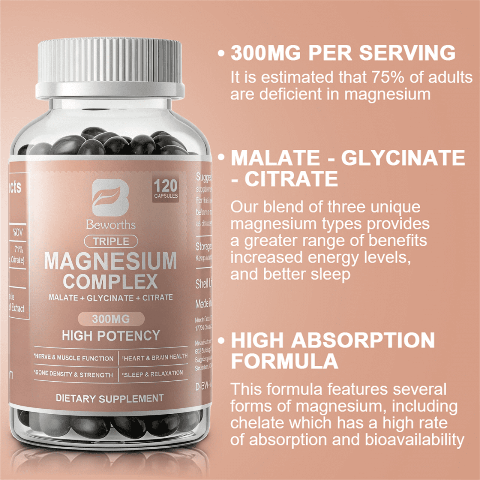 (2 Pack) Beworths Triple Magnesium Complex Capsules - 300mg of Magnesium Glycinate, Malate & Citrate for Muscles, Sleep, Energy - 240 Capsules