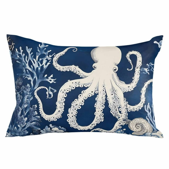Beige Octopus Coastal Throw Pillow Cover 12 x 20 Inch Decorative Pillow Cover Navy Blue Nautical Ocean Coral Lumbar Pillowcase Seasonal Rectangle Cushion Case for Couch Sofa Bed Living Room