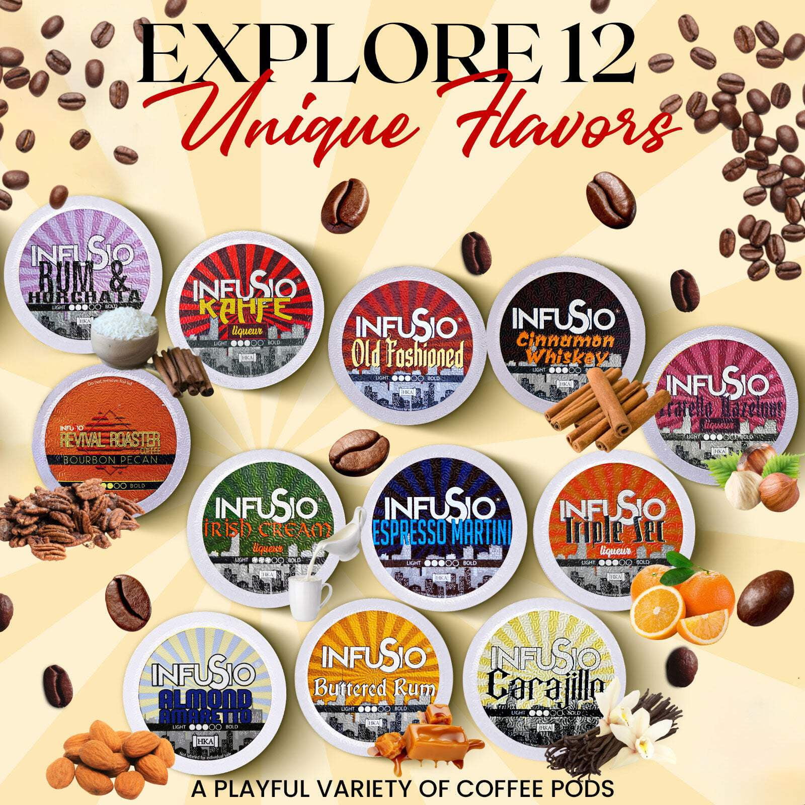 InfuSio Spirited Sips: Cask  Coffee Collection, Cocktail-Inspired Coffee Pods – 120 Count Variety Pack, 12 Flavors, Medium Roast, Compatible with Keurig Brewers