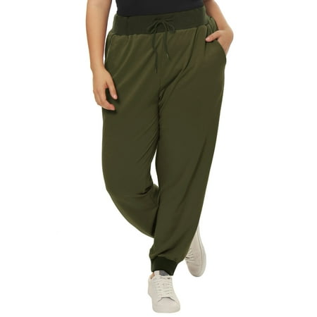 Women Plus Size Drawstring Waist Contrast Color Jogger Pants Green 1X ...
