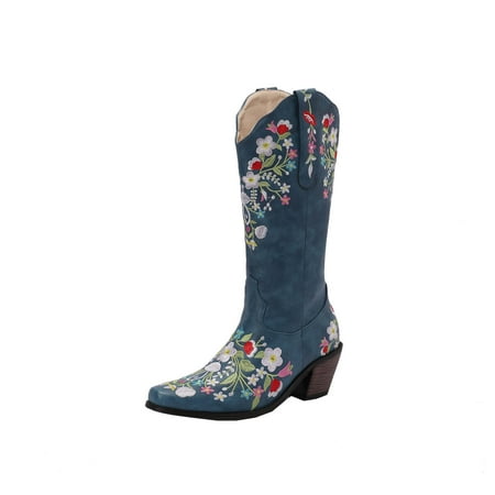 

Boots for Women Large Size Retro Cowboy Boots Embroidered Flowers Thick Heel Sleeve High Boots