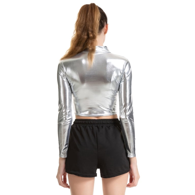 Womens Metallic Top Long Sleeve Turtleneck Crop Top (Silver