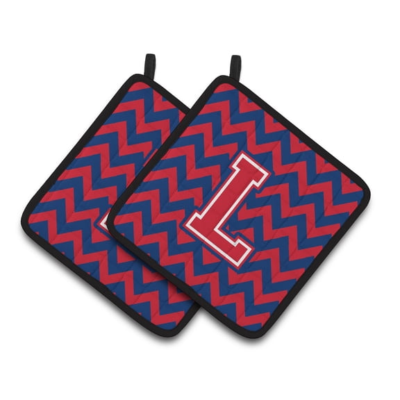 Letter L Chevron Yale Blue and Crimson Pair of Pot Holders