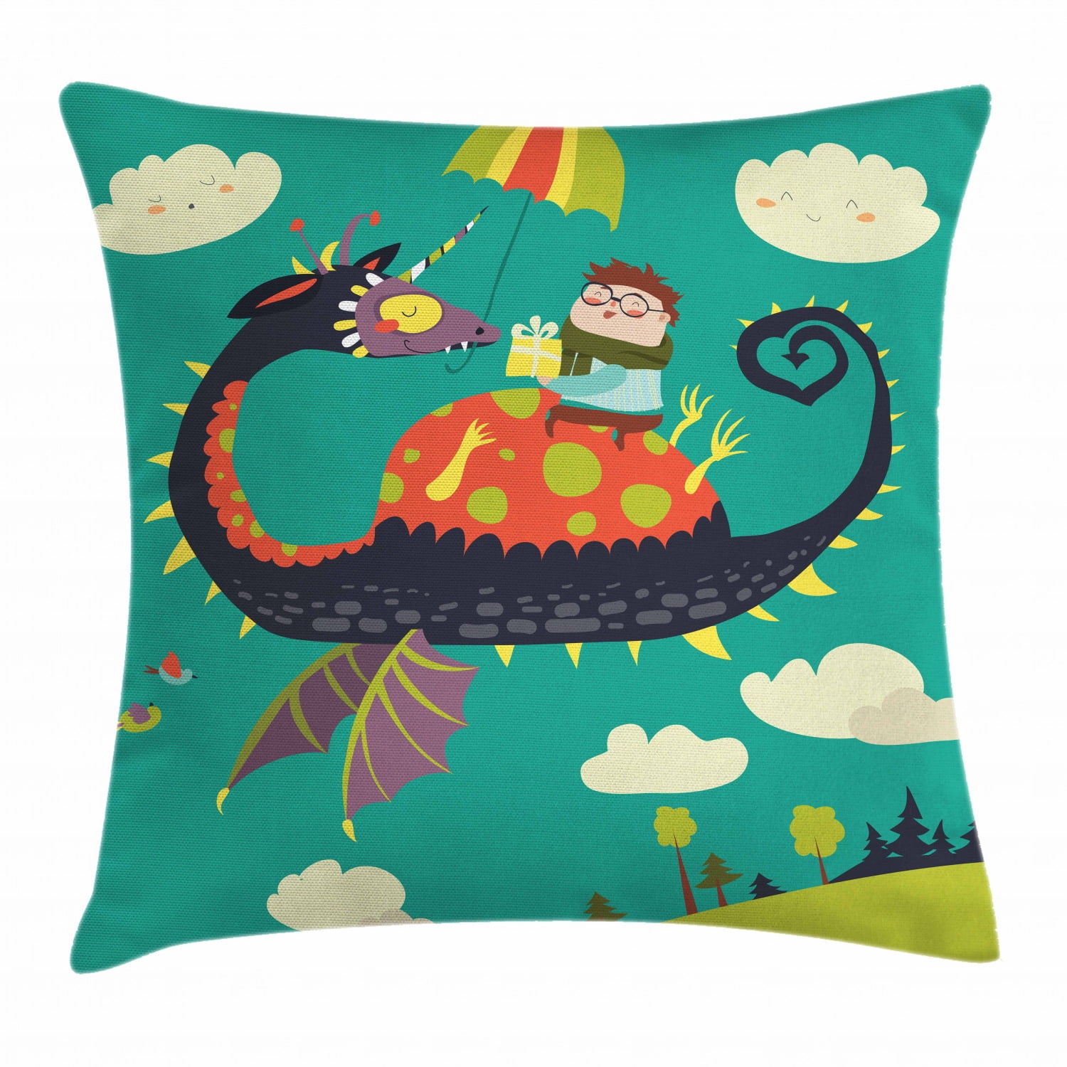 Kids Boys Throw Pillow Cushion Cover, Fantasy Theme Little Boy Riding a