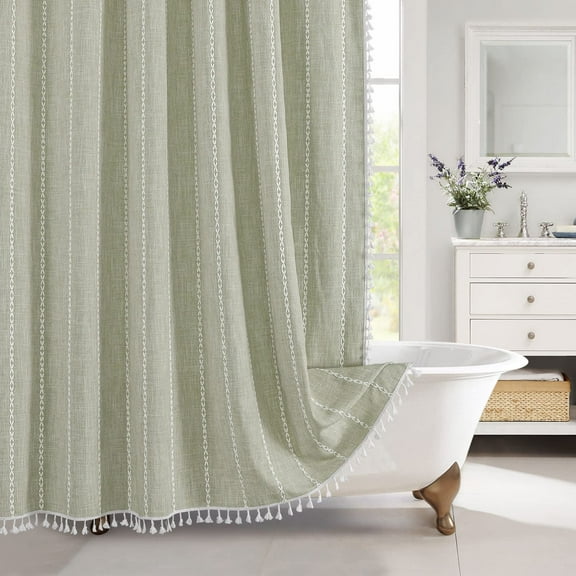 Small Stall Fabric Shower Curtain 36 x 72, Sage Green Half Size Narrow Cotton Linen Tassel Cloth Shower Curtains for Chic Modern Farmhouse Country Bathroom Decor